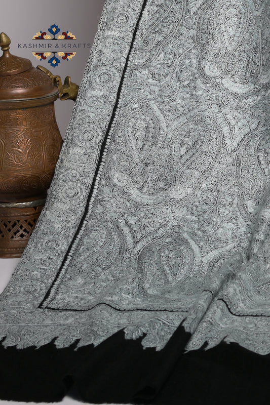 Noor-e-Seher – Hand-Embroidered Mist Grey Sozni Pashmina Shawl