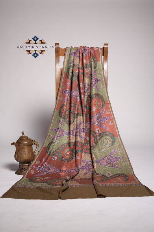 Zunaira – Hand-Embroidered Gulabkari & Sozni Pashmina Shawl in Toosha Brown with Jewel-Toned Motifs