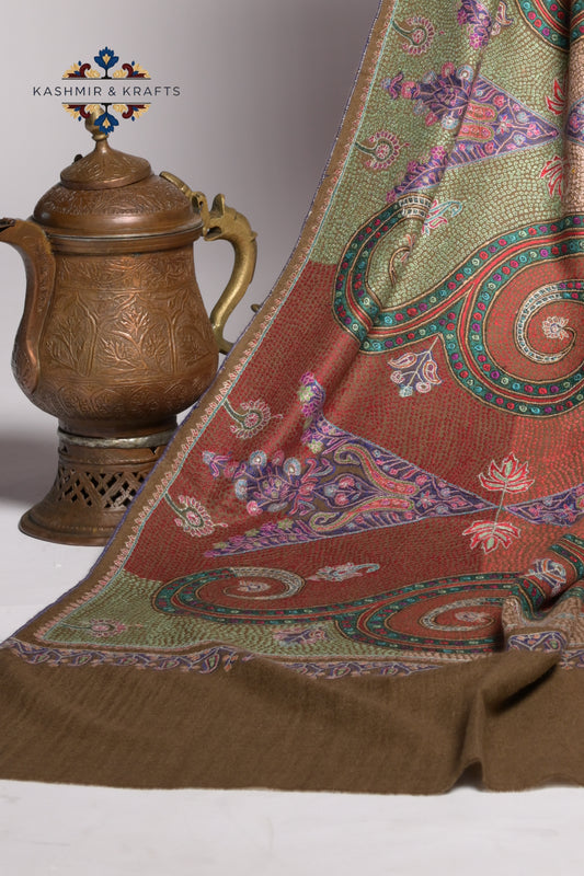 Zunaira – Hand-Embroidered Gulabkari & Sozni Pashmina Shawl in Toosha Brown with Jewel-Toned Motifs