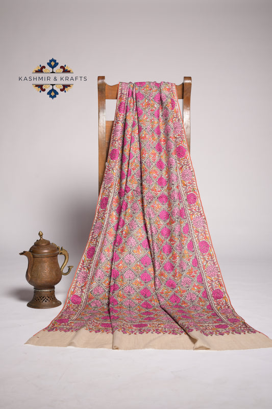 Zehba – Handwoven Papier-Mâché & Sozni Pashmina in Vibrant Rose Mosaic on Soft Beige