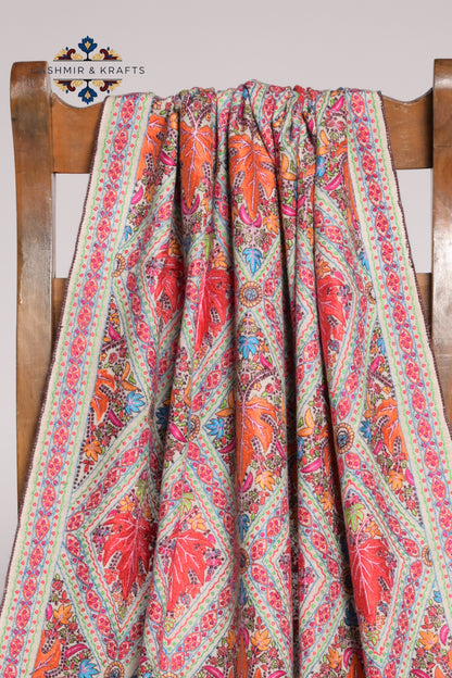 Gulbahar – Hand-Embroidered Sozni Pashmina Shawl in Crimson Chinar on Cream Beige