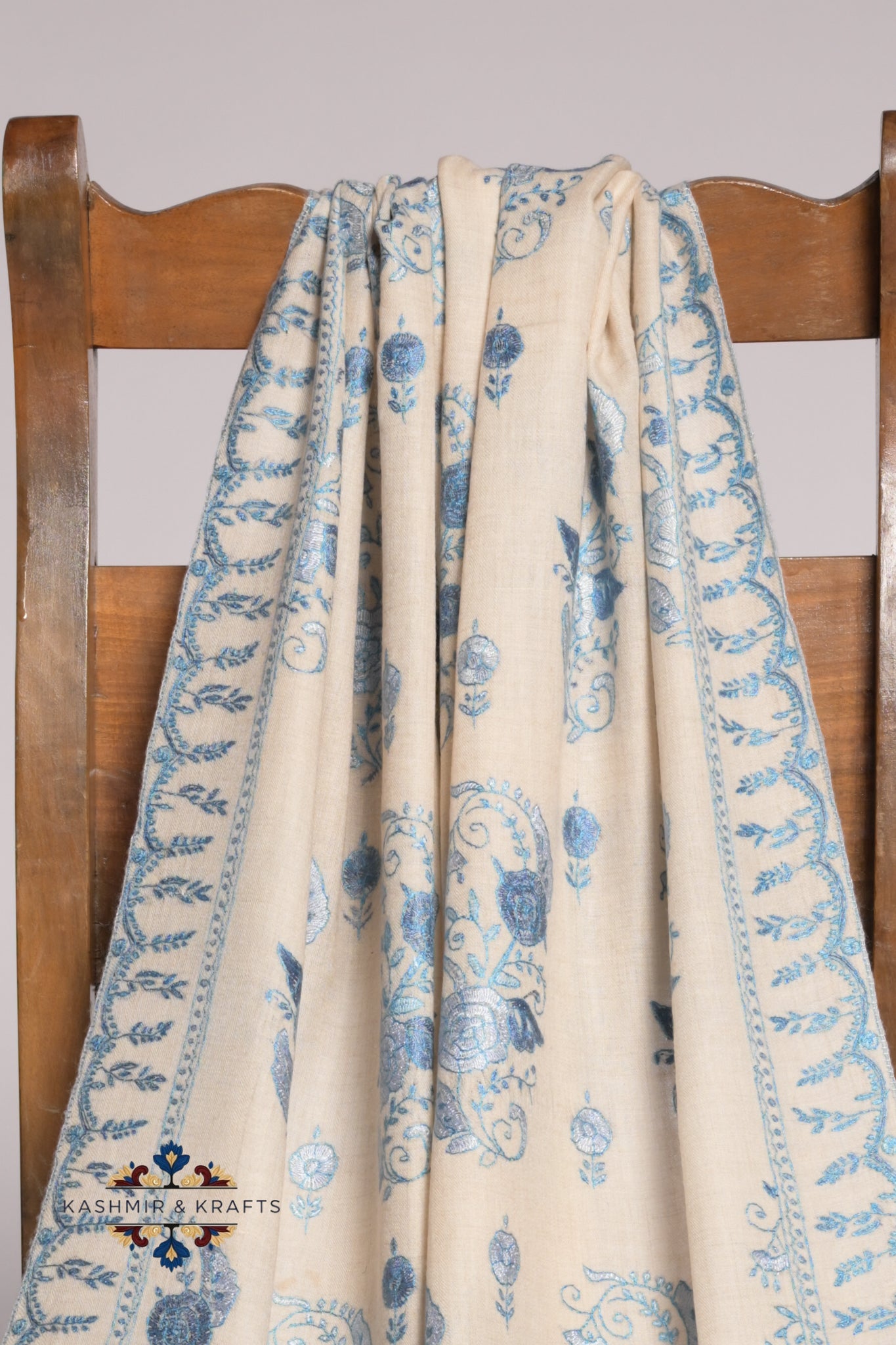 Gulnaar – Cream Kashmiri Pashmina with Sky-Blue Papier Mâché Embroidery