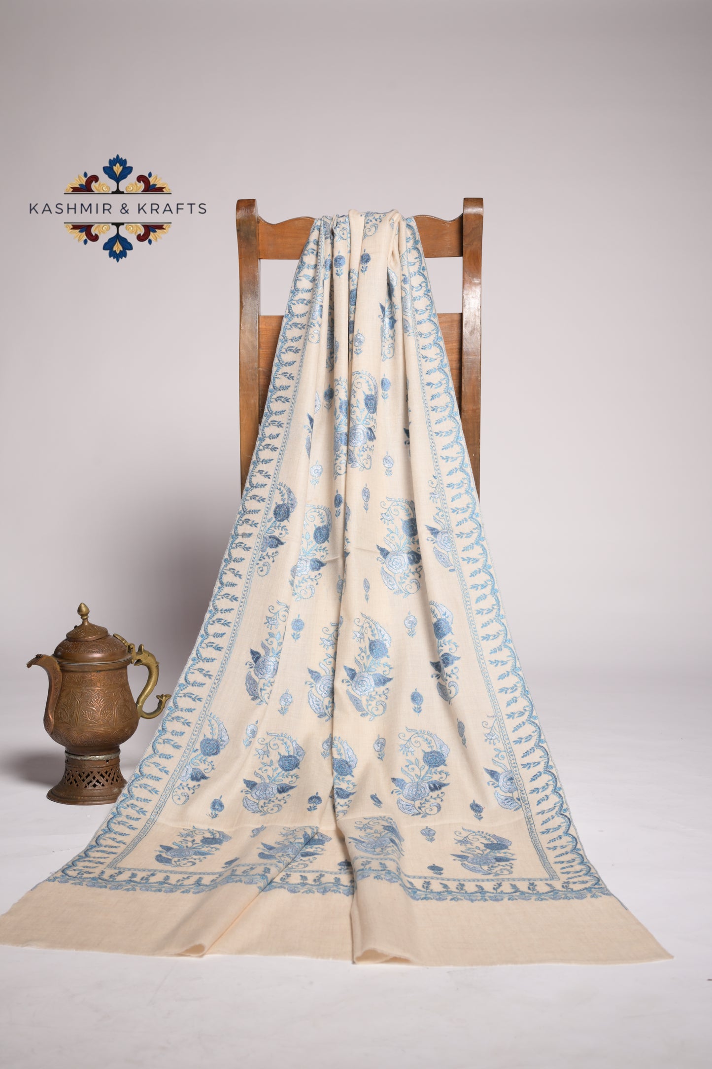 Gulnaar – Cream Kashmiri Pashmina with Sky-Blue Papier Mâché Embroidery
