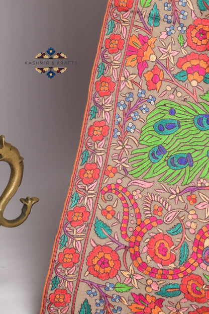 Neelaan – Handwoven Papier-Mâché & Sozni Pashmina in Peacock Tones on Natural Pashmina Beige