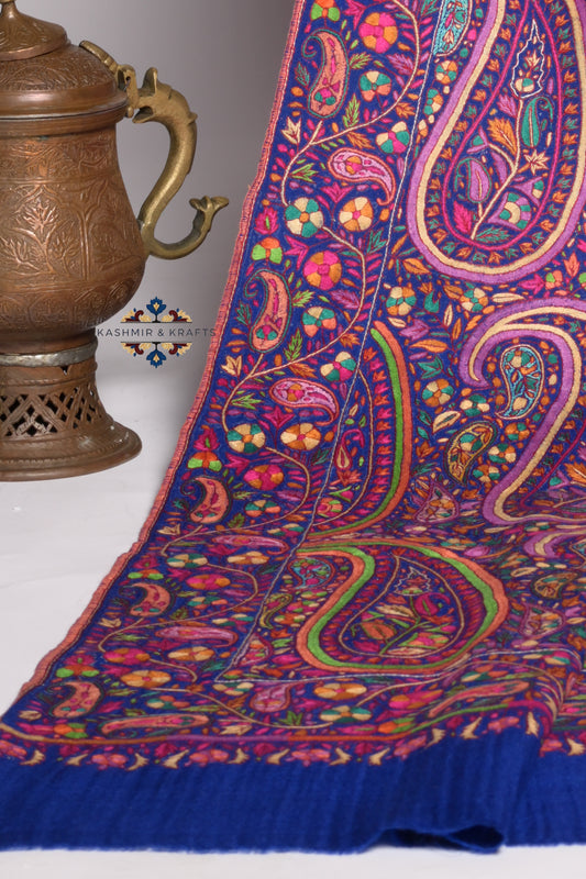 Rang-e-Pari — Handwoven Pashmina Papier-Mâché in Floral Magenta Paisley on Regal Deep Indigo Blue