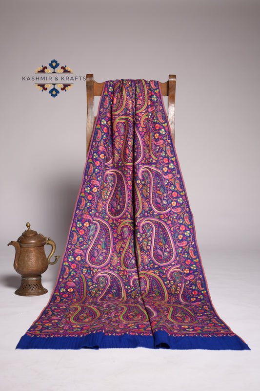 Rang-e-Pari — Handwoven Pashmina Papier-Mâché in Floral Magenta Paisley on Regal Deep Indigo Blue