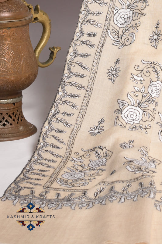 Rang-e-Khamoosh – Hand-Embroidered Sozni Pashmina Shawl in Cream Beige and Charcoal