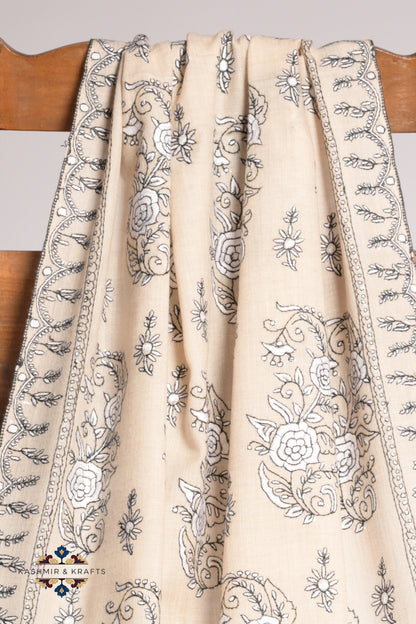 Rang-e-Khamoosh – Hand-Embroidered Sozni Pashmina Shawl in Cream Beige and Charcoal