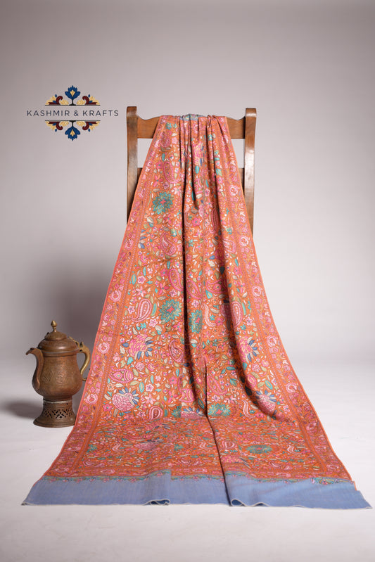 Noor-e-Gul – Dual-Tone Handwoven Sozni and Papier Mâché Pashmina Shawl in Saffron Flame & Slate Blue