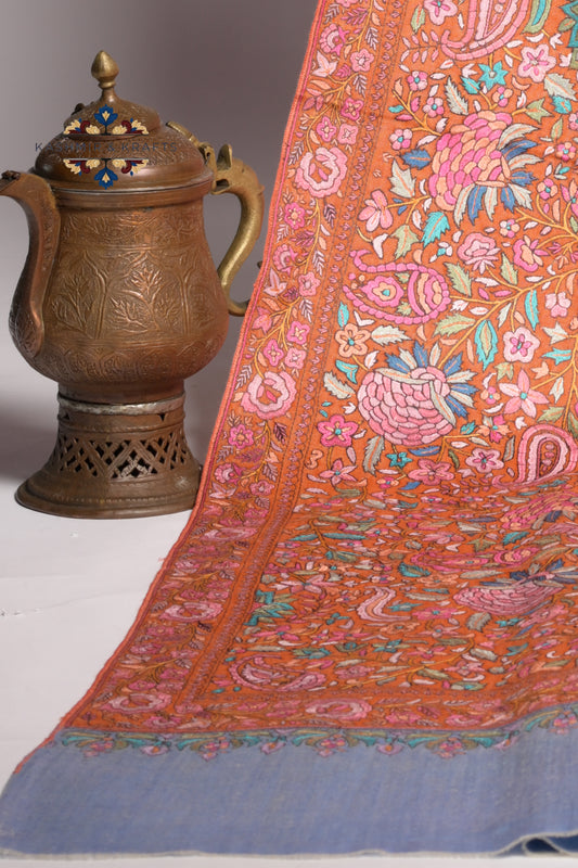 Noor-e-Gul – Dual-Tone Handwoven Sozni and Papier Mâché Pashmina Shawl in Saffron Flame & Slate Blue