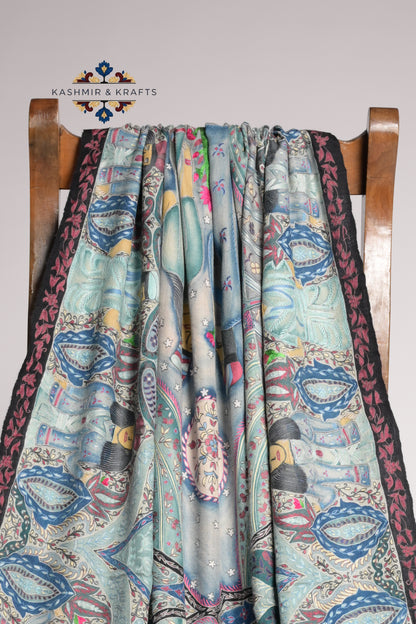 Baagh-e-Afsana — Hand-Painted Kalamkari Jama Shawl in Celestial Teal Mist
