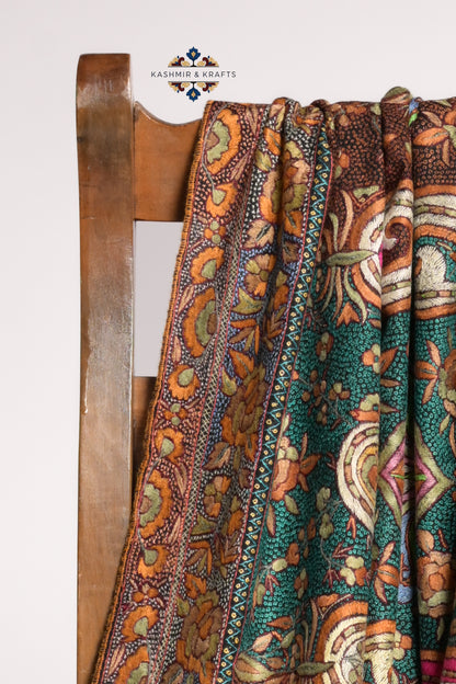 Bagh-e-Naqsh – Hand-Embroidered Sozni & Gulabkari Pashmina Shawl - Multicoloured motifs with Black Borders
