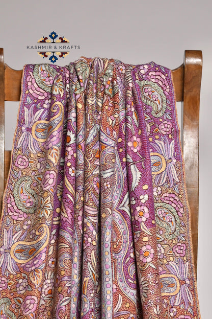 Taj-e-Gulraaz – Handwoven Sozni & Papier-Mâché Pashmina in Gulabkari Jama on Royal Plum