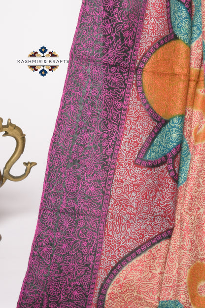 Gulrukh – Kalamkari Belgium Toosh Sozni Jama in Sunset Rose & Plum Noir