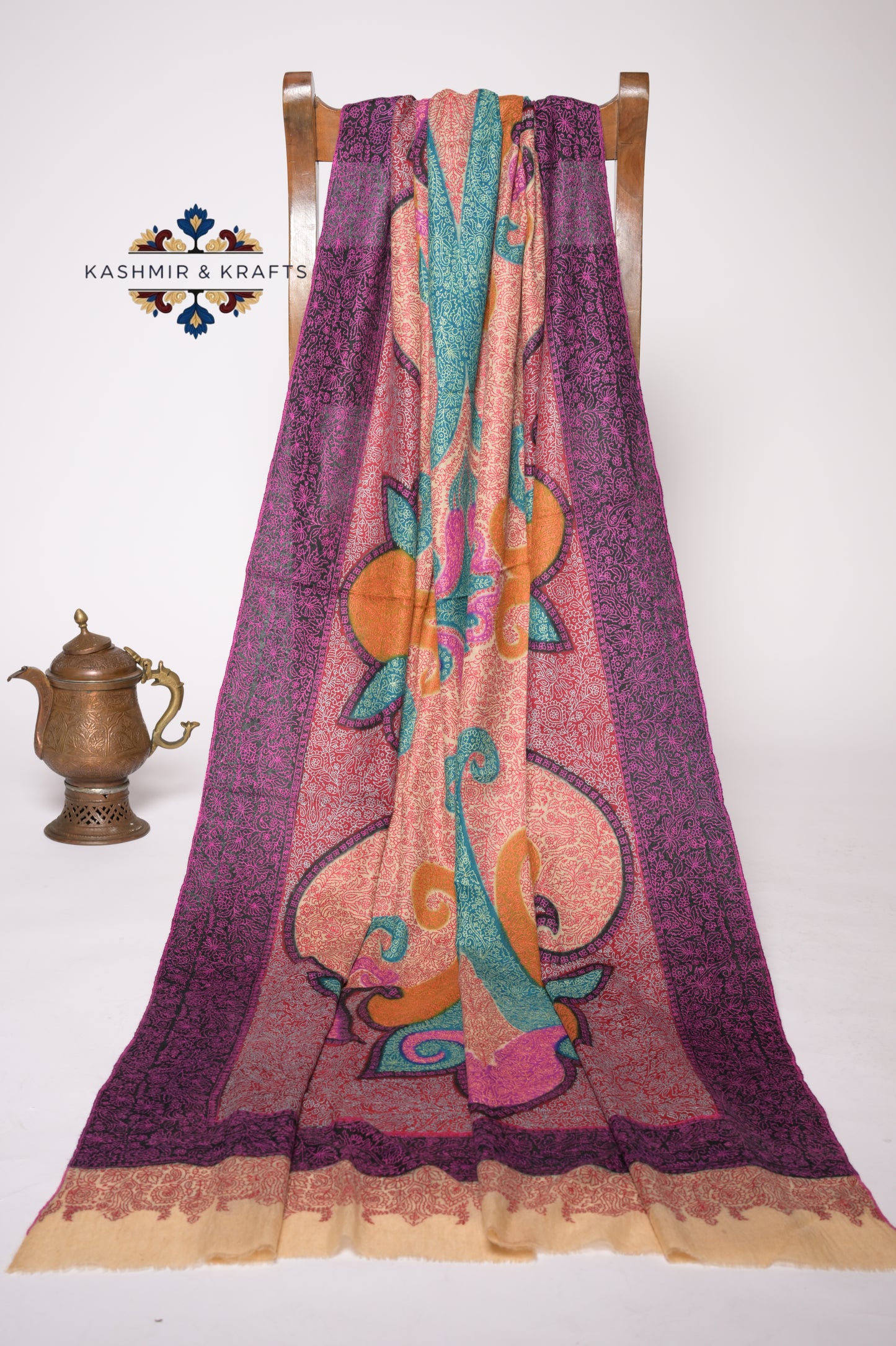Gulrukh – Kalamkari Belgium Toosh Sozni Jama in Sunset Rose & Plum Noir