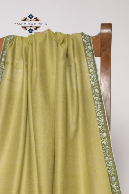Rang-e-Pista – Handwoven Sozni Pashmina in Pistachio Green with Rust Palla & Floral Border Embroidery