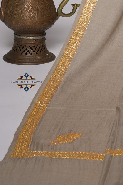 Noor-e-Zar – Hand Embroidered Tilla Border Mixed Pashmina Shawl in Warm Taupe
