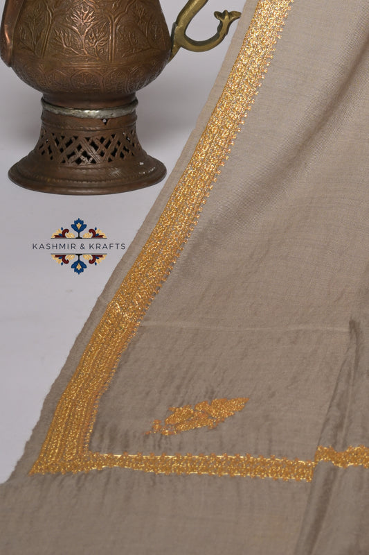 Noor-e-Zar – Hand Embroidered Tilla Border Mixed Pashmina Shawl in Warm Taupe