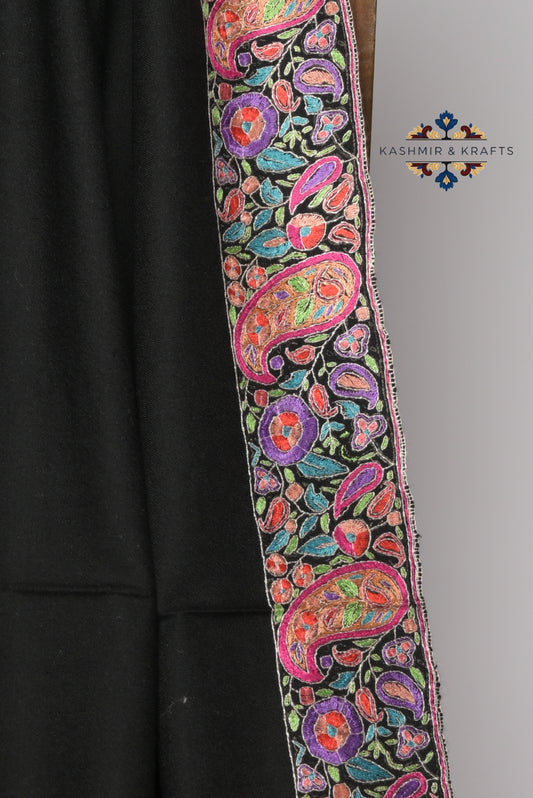 Zeb-un-Nisa – Noir Pashmina with Hand-Embroidered Papier-Mâché Borders