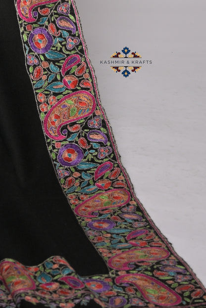Zeb-un-Nisa – Noir Pashmina with Hand-Embroidered Papier-Mâché Borders
