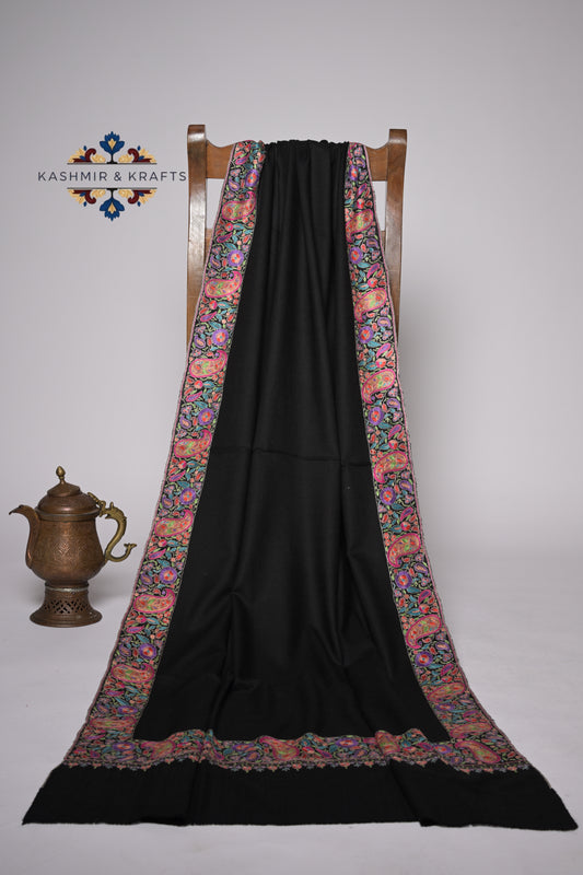 Zeb-un-Nisa – Noir Pashmina with Hand-Embroidered Papier-Mâché Borders