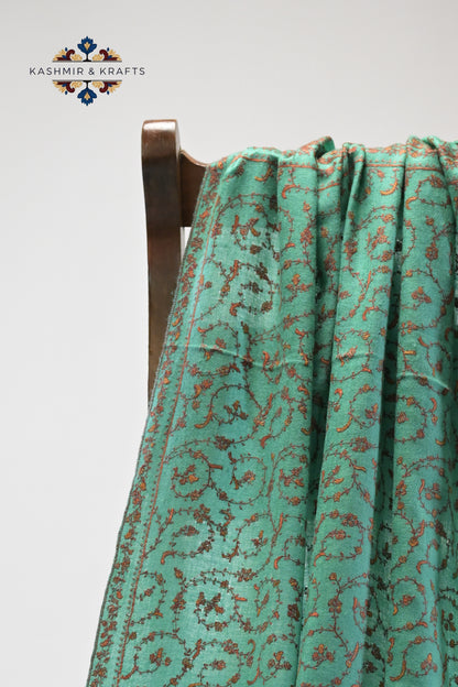 Ziva – Hand-Embroidered Sozni Pashmina Shawl in Aqua Green with Rust Vinework