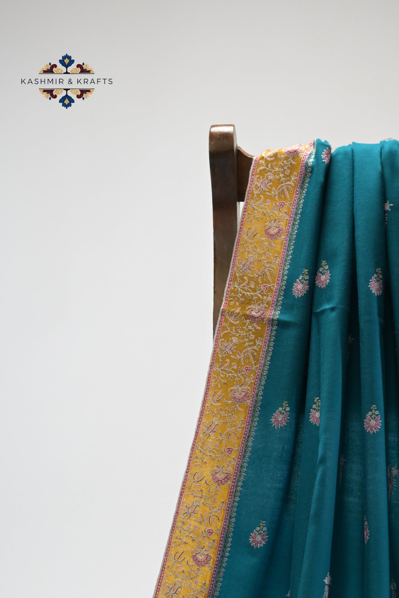 Aabroo – Hand-Embroidered Sozni Pashmina in Deep Teal and Marigold
