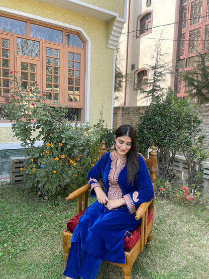 Royal Sapphire Kashmiri Velvet Pheran Set – Hand-Embroidered Tilla Elegance